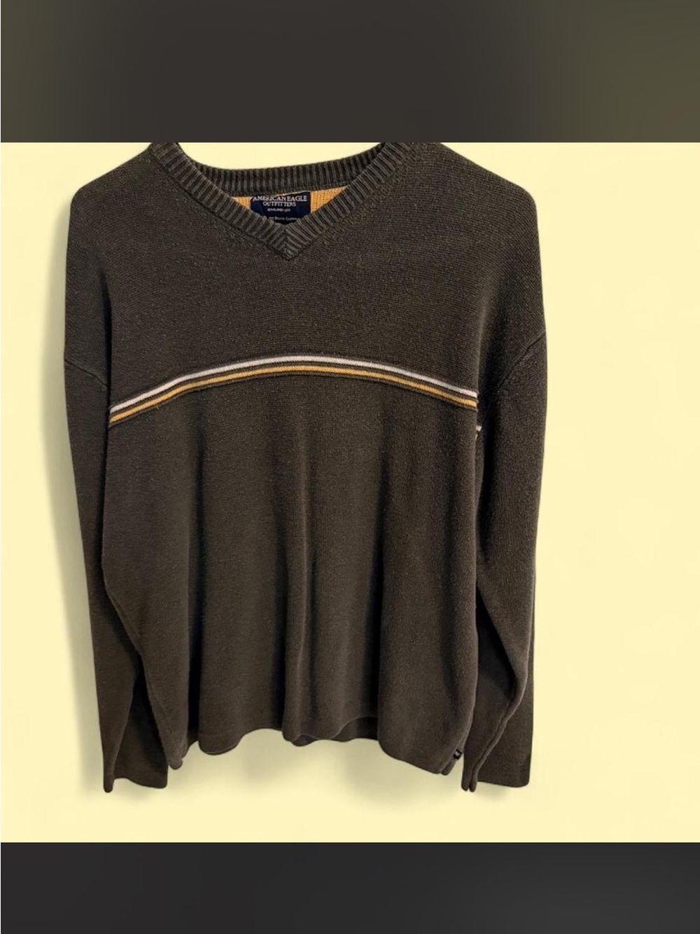 American Eagle Outfitters Brown V-Neck Sweater with Thin Stripe Accent